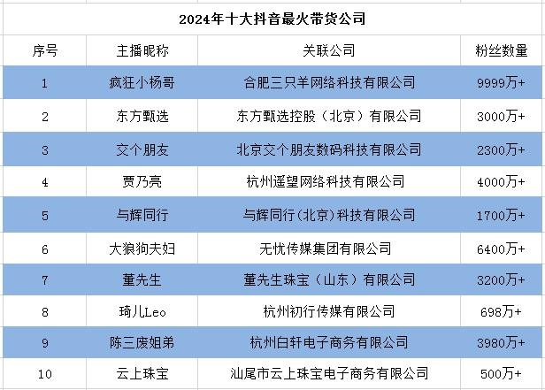 2024年十大抖音最火带货公司